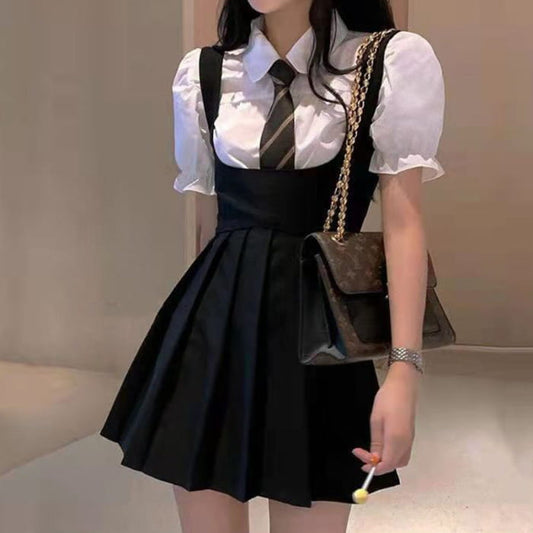 Kawaii Puff Sleeve T-Shirt Tie Pleated Suspender Skirt Set