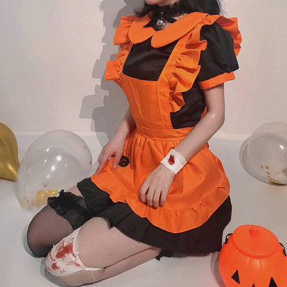 Kawaii Pumpkin Bat Embroidery Doll Collar Maid Dress