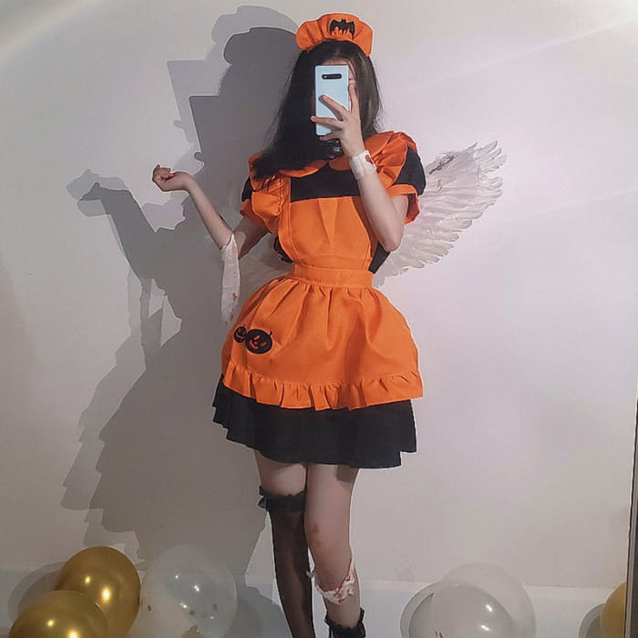 Kawaii Pumpkin Bat Embroidery Doll Collar Maid Dress