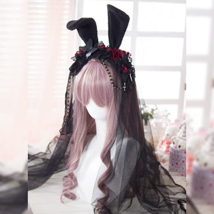 Kawaii Rabbit Ears Rose Lace Hair Hoop Headband - Black