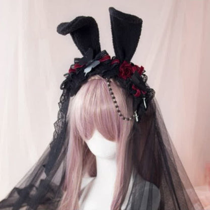 Kawaii Rabbit Ears Rose Lace Hair Hoop Headband - Black