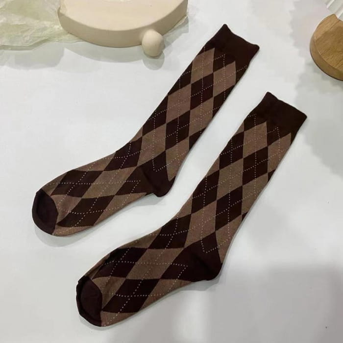 Kawaii Rhombus Pattern Print Socks - Coffee / One Size