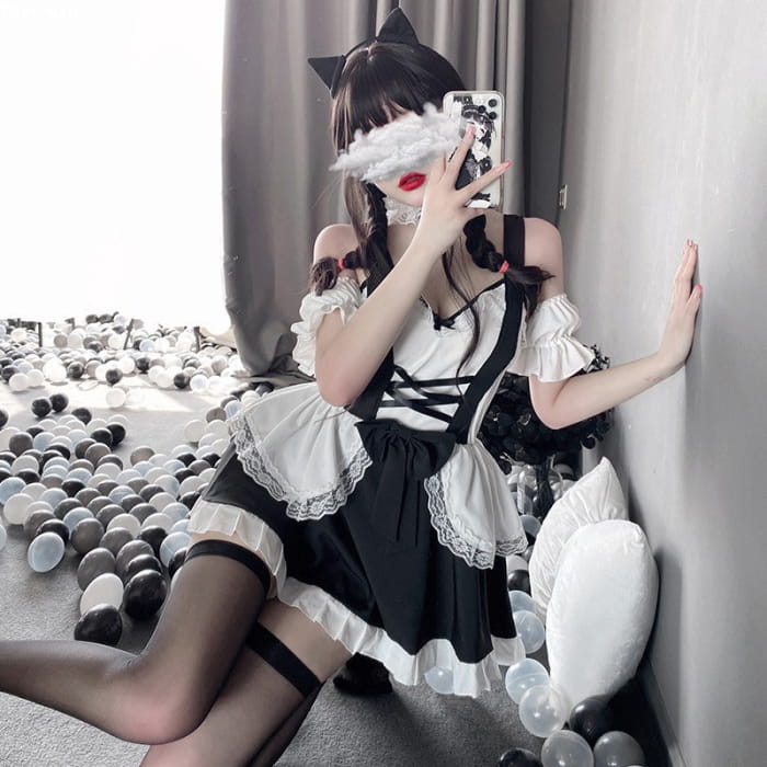 Kawaii Ruffle Maid Lingerie Dress Stockings Set - Black