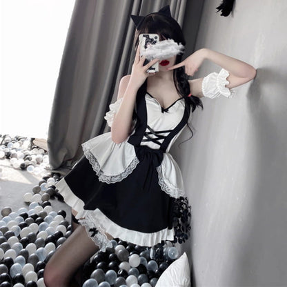 Kawaii Ruffle Maid Lingerie Dress Stockings Set - Black