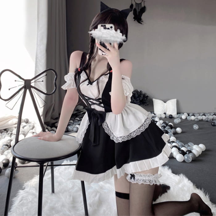 Kawaii Ruffle Maid Lingerie Dress Stockings Set - Black