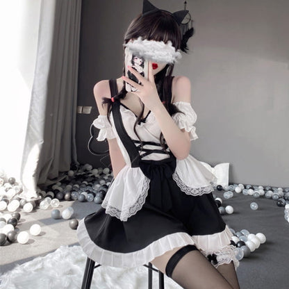 Kawaii Ruffle Maid Lingerie Dress Stockings Set - Black