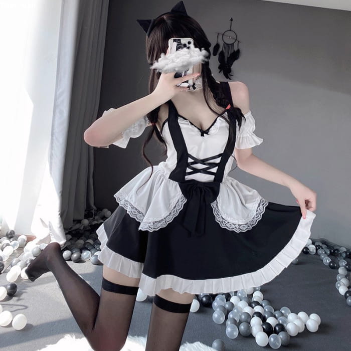 Kawaii Ruffle Maid Lingerie Dress Stockings Set - Black