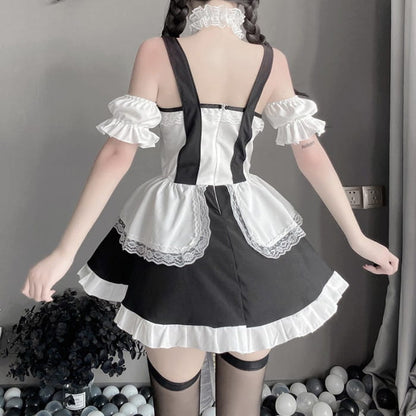 Kawaii Ruffle Maid Lingerie Dress Stockings Set - Black