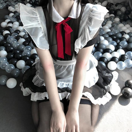 Kawaii Sexy Maid Apron Stockings Lingerie Dress - Black