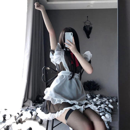 Kawaii Sexy Maid Apron Stockings Lingerie Dress - Black