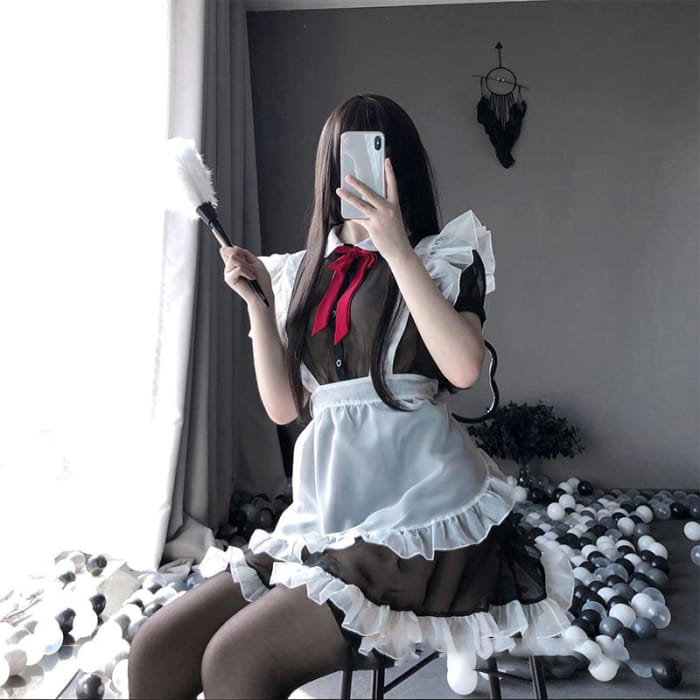 Kawaii Sexy Maid Apron Stockings Lingerie Dress - Black