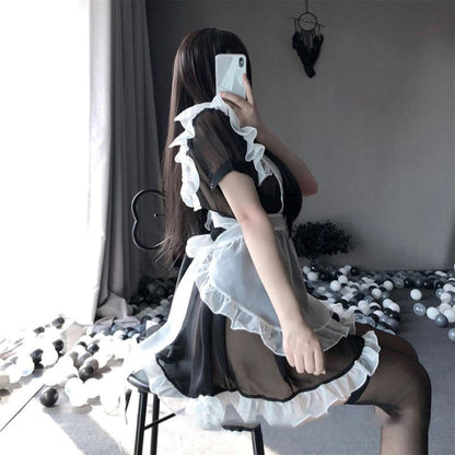 Kawaii Sexy Maid Apron Stockings Lingerie Dress - Black