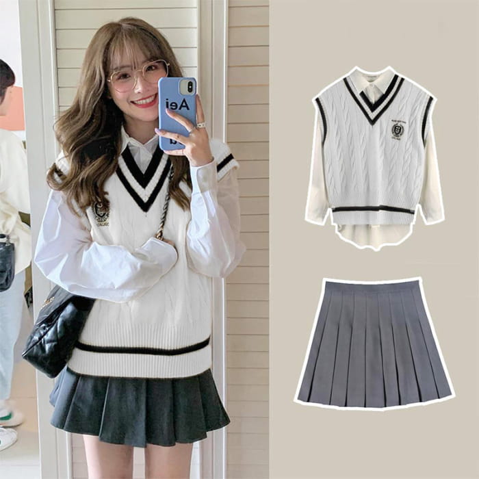 Kawaii Vest Shirt Pleated Skirt Set