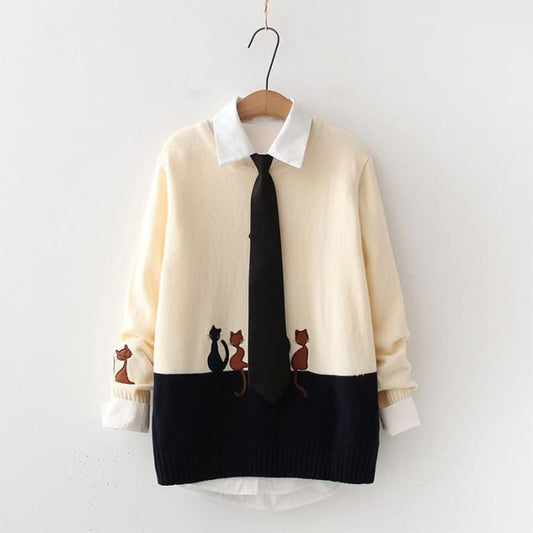 Kitty Embroidery Sweater Tie Shirt Set