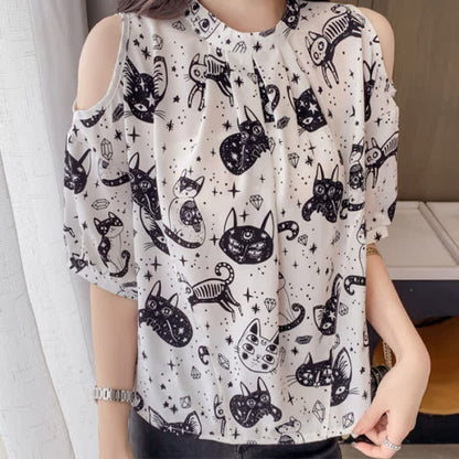 Kitty Print Cold Shouder Chiffon Shirt Casual Denim Shorts