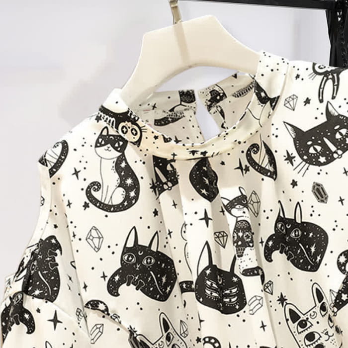 Kitty Print Cold Shouder Chiffon Shirt Casual Denim Shorts