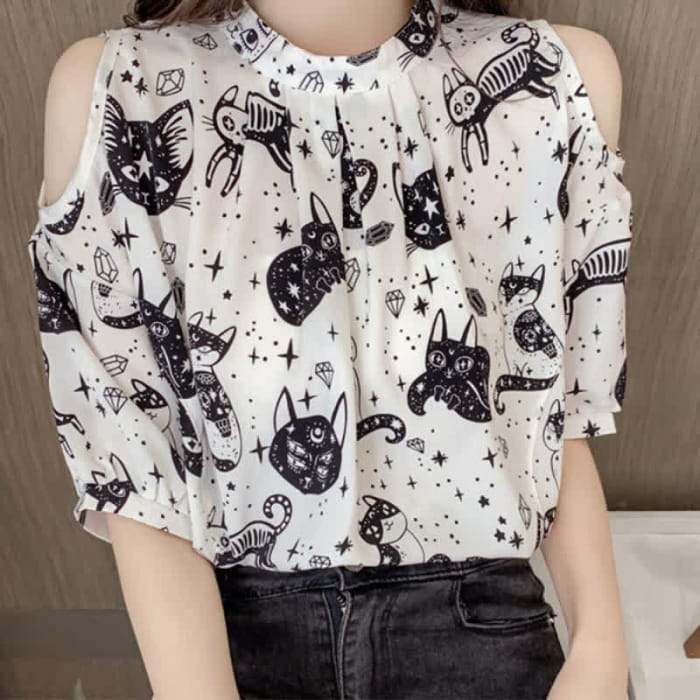 Kitty Print Cold Shouder Chiffon Shirt Casual Denim Shorts