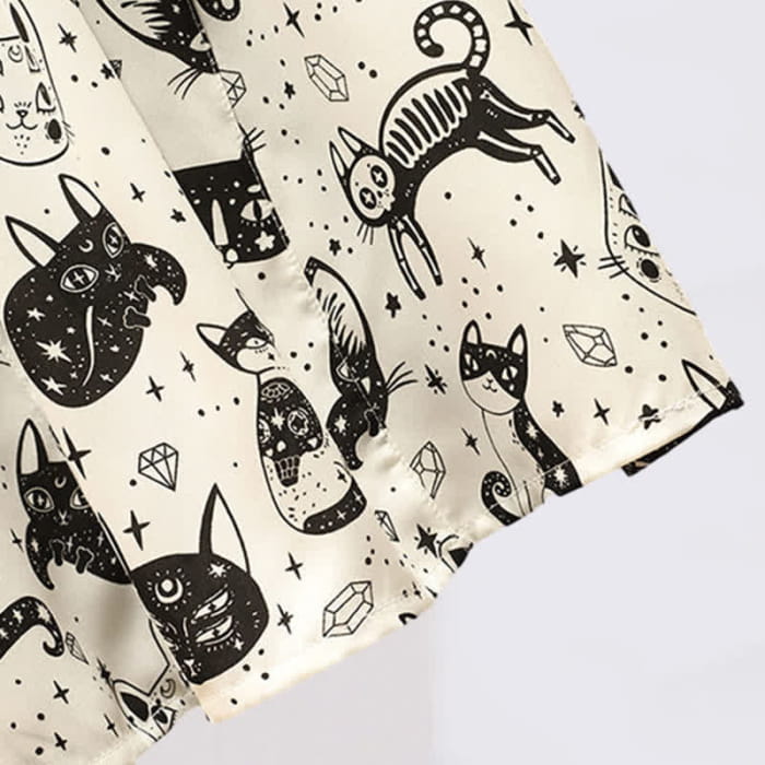 Kitty Print Cold Shouder Chiffon Shirt Casual Denim Shorts