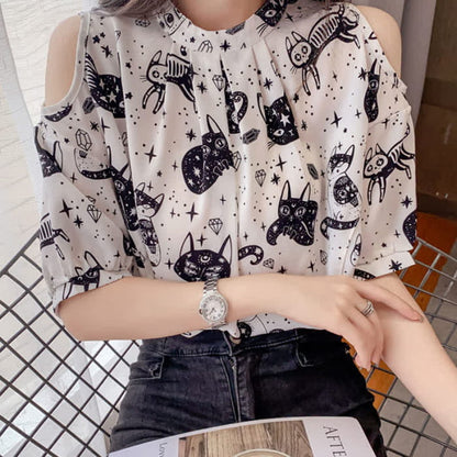 Kitty Print Cold Shouder Chiffon Shirt Casual Denim Shorts