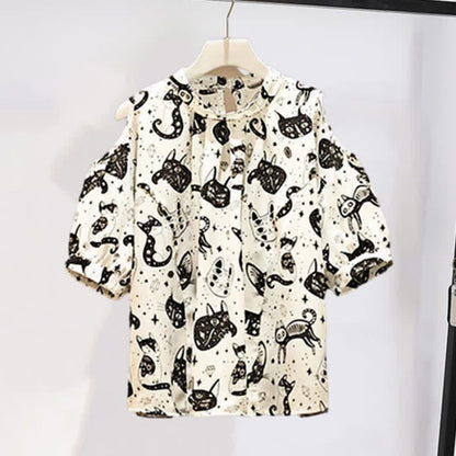 Kitty Print Cold Shouder Chiffon Shirt Casual Denim Shorts