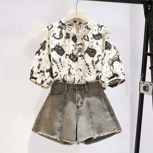 Kitty Print Cold Shouder Chiffon Shirt Casual Denim Shorts