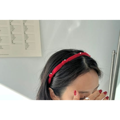 Knot Faux Pearl Headband - Velvet - Red / One Size