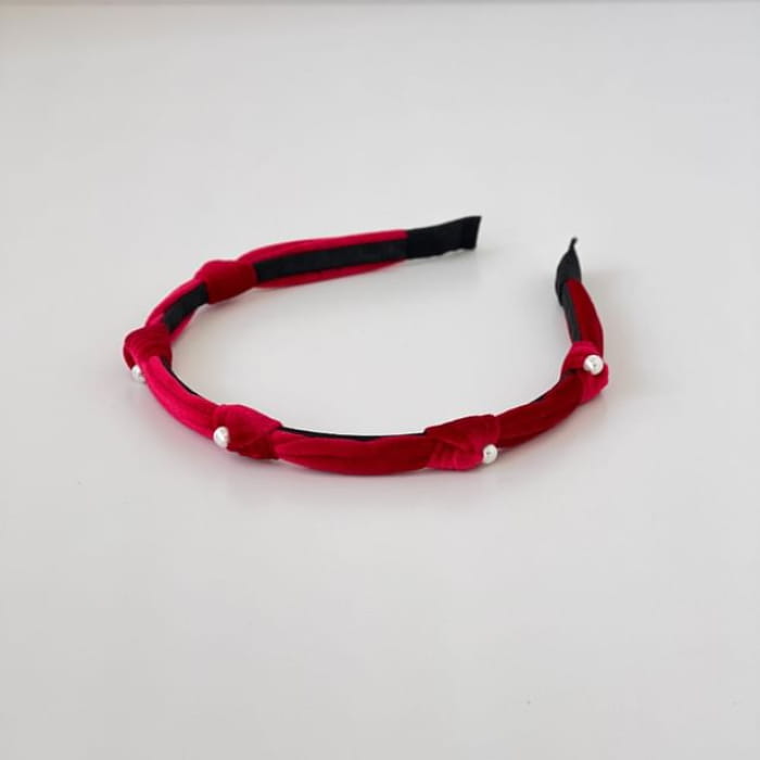 Knot Faux Pearl Headband - Velvet - Red / One Size