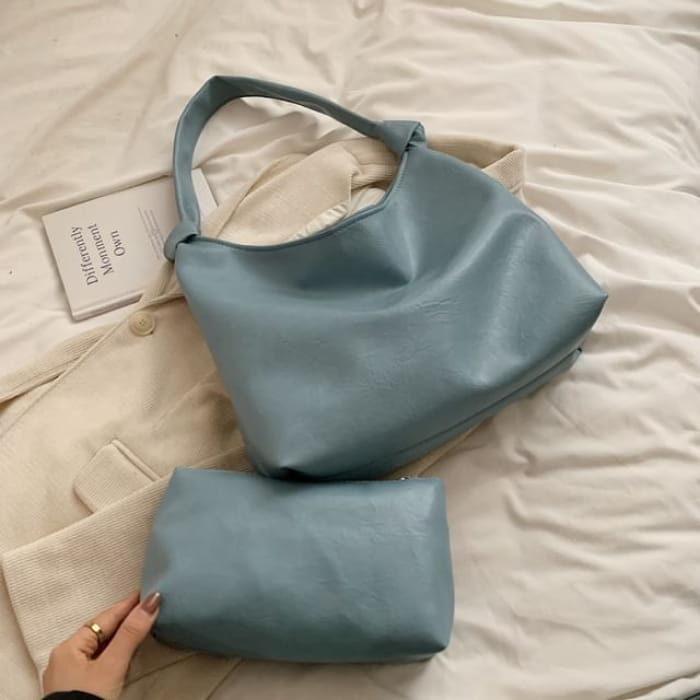 Knotted Faux Leather Tote Bag - Airy Blue / One Size