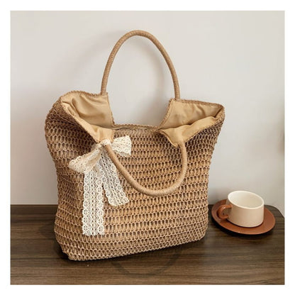 Lace Bow Woven Tote Bag