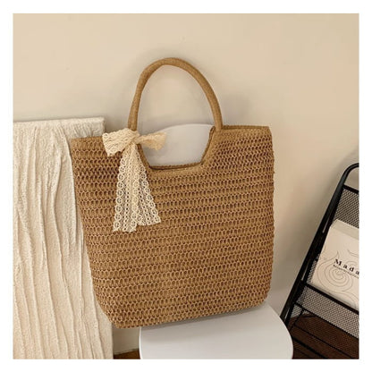 Lace Bow Woven Tote Bag