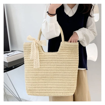 Lace Bow Woven Tote Bag