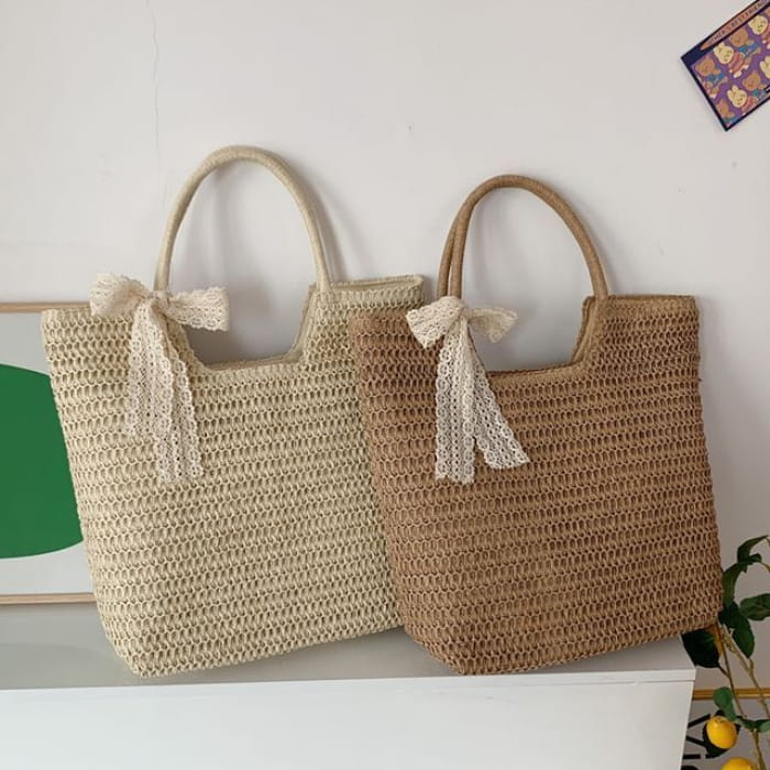 Lace Bow Woven Tote Bag