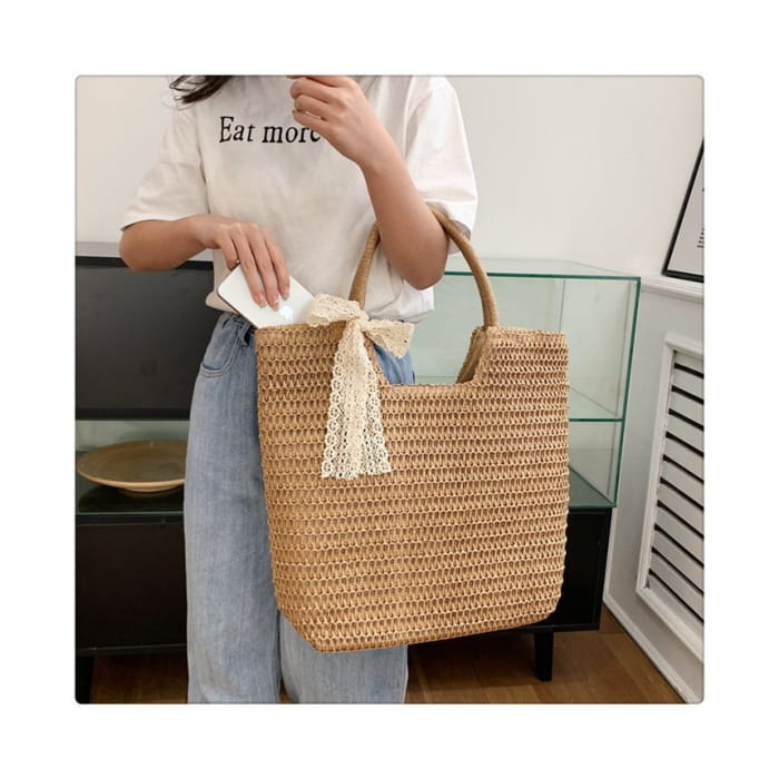 Lace Bow Woven Tote Bag