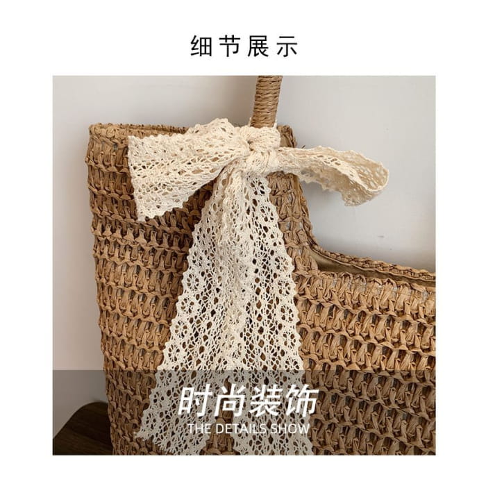 Lace Bow Woven Tote Bag