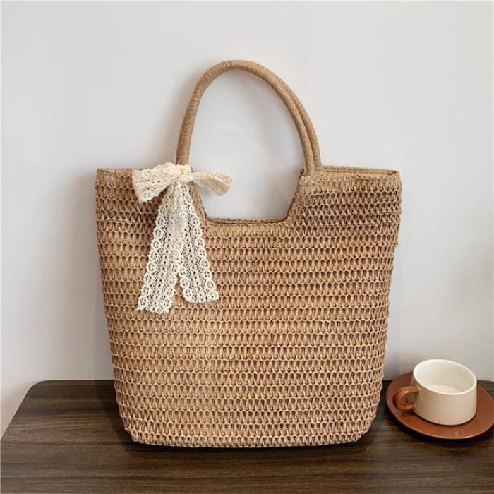 Lace Bow Woven Tote Bag - With Scarf - Khaki / One Size