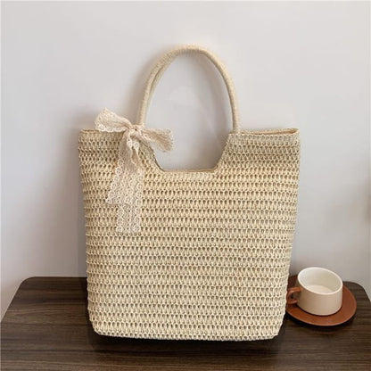 Lace Bow Woven Tote Bag - With Scarf - Off-White / One Size