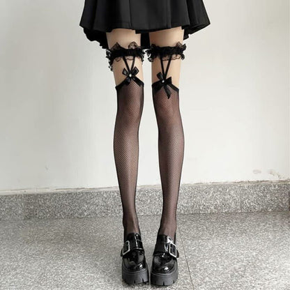 Lace Bowknot Garters Fishnet Stockings Set - Black