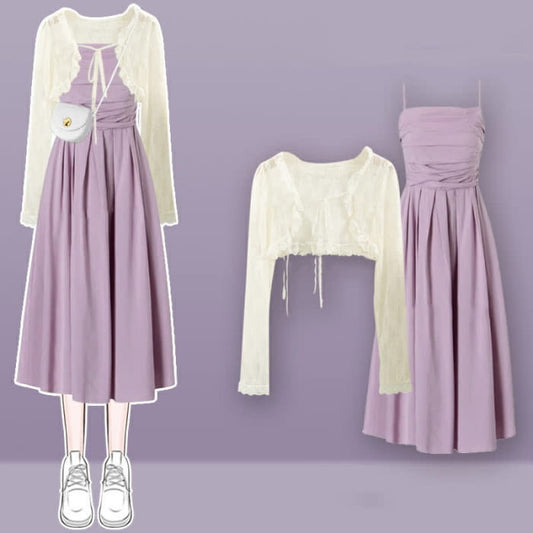 Lace Cardigan Ruffled Slip Purple Dress Set