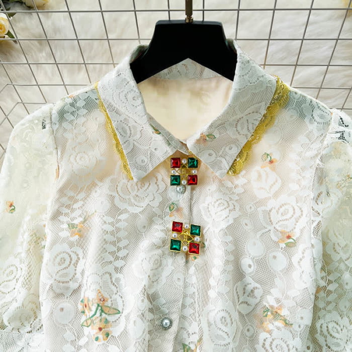 Lace Lapel Shirt Floral Embroidery Skirt Set