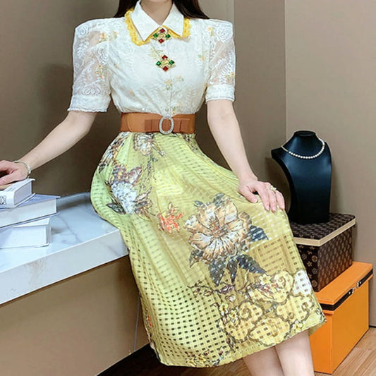 Lace Lapel Shirt Floral Embroidery Skirt Set - M