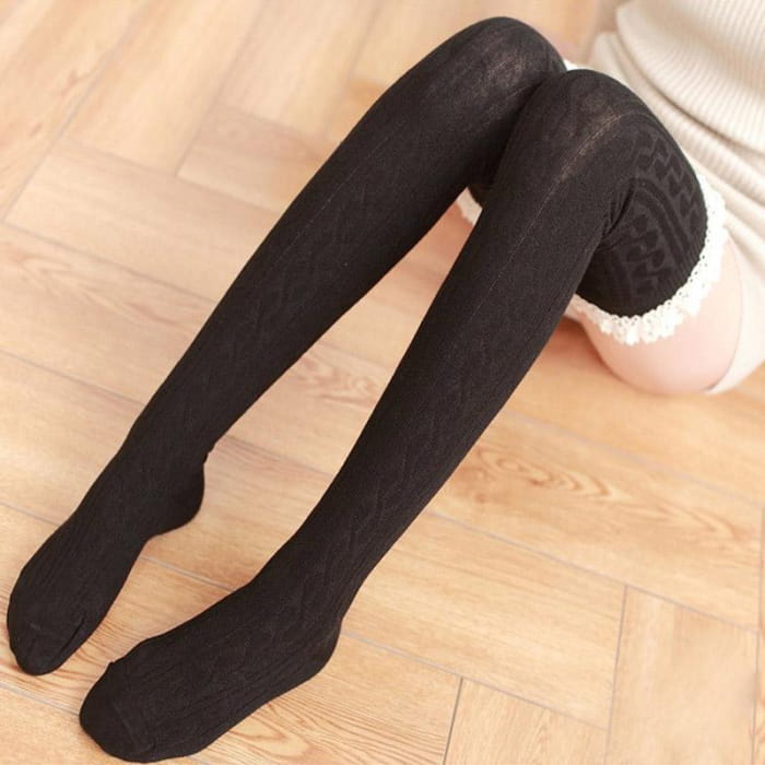 Lace Over Knee Cotton Stockings - Black / One Size