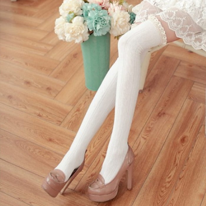 Lace Over Knee Cotton Stockings - White / One Size