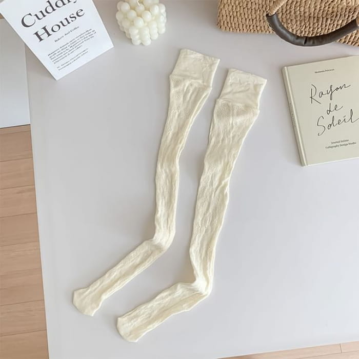 Lace Over-the-Knee Socks - Beige / One Size