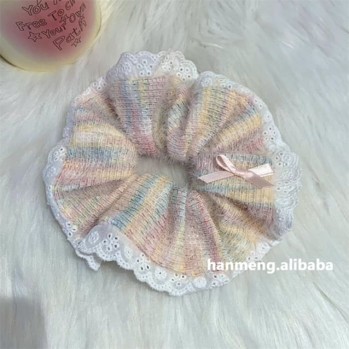 Lace Scrunchie - With Bow - Yellow & Pink Blue / S