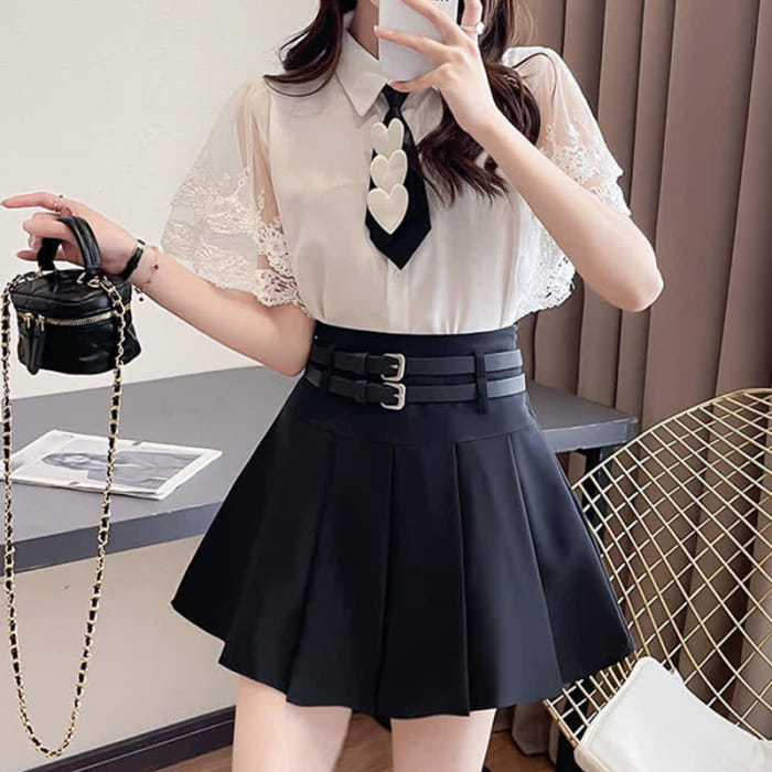 Lace Sleeve Tie T-Shirt Belted Pleated Skirt Set