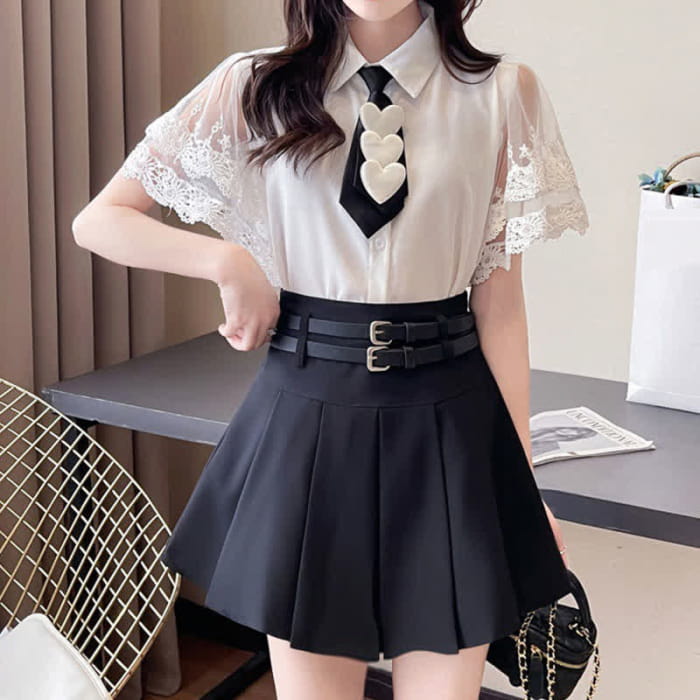 Lace Sleeve Tie T-Shirt Belted Pleated Skirt Set - Black / S