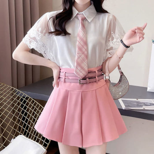 Lace Sleeve Tie T-Shirt Belted Pleated Skirt Set - Pink / S