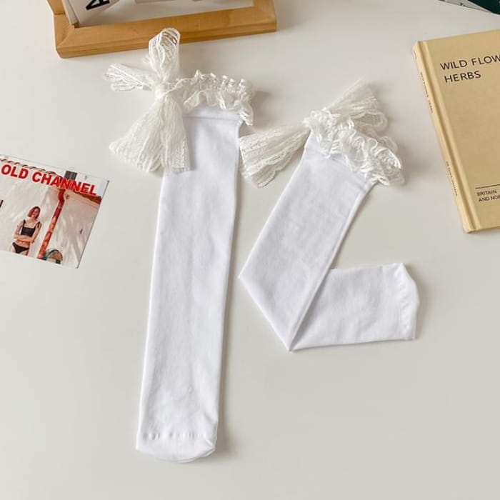 Lace Trim Bow Tall Socks - White - One Size