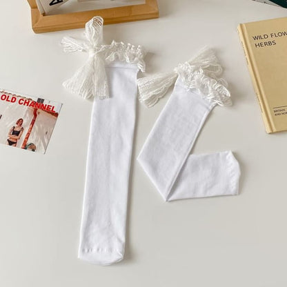 Lace Trim Bow Tall Socks - White - One Size