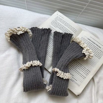 Lace Trim Knit Leg Warmers - Gray / One Size